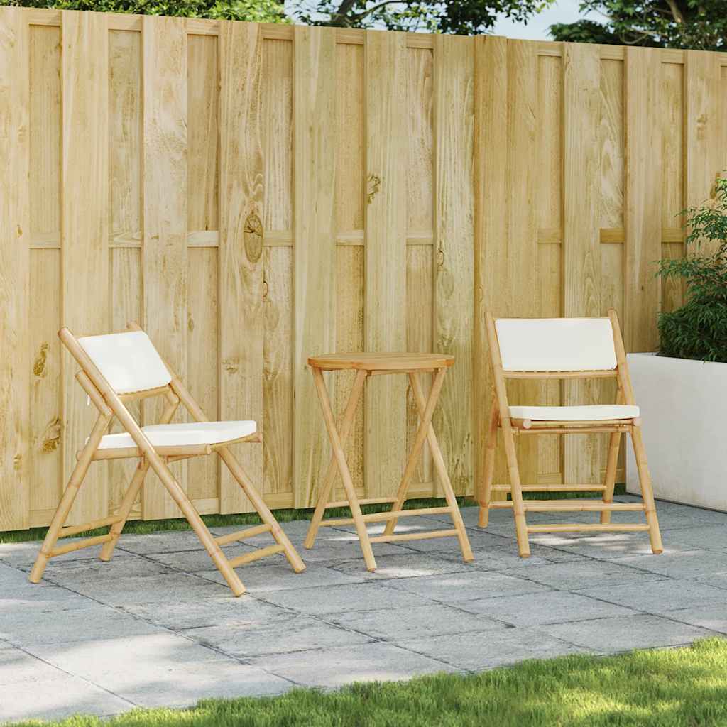 Ensemble de bistro pliante 3 pcs et coussins blanc crème bambou Salons de jardin vidaXL
