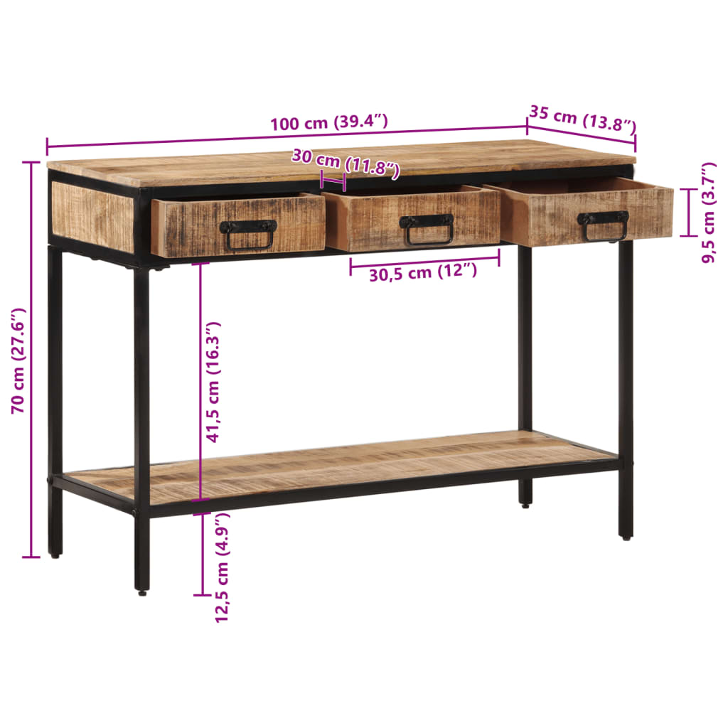 Table console 100x35x70 cm bois de manguier massif brut - XIOS