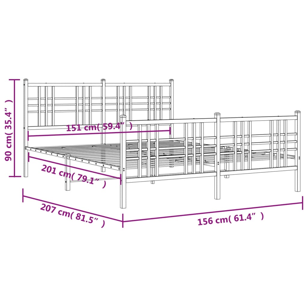Cadre de lit métal sans matelas avec pied de lit noir 150x200cm - XIOS