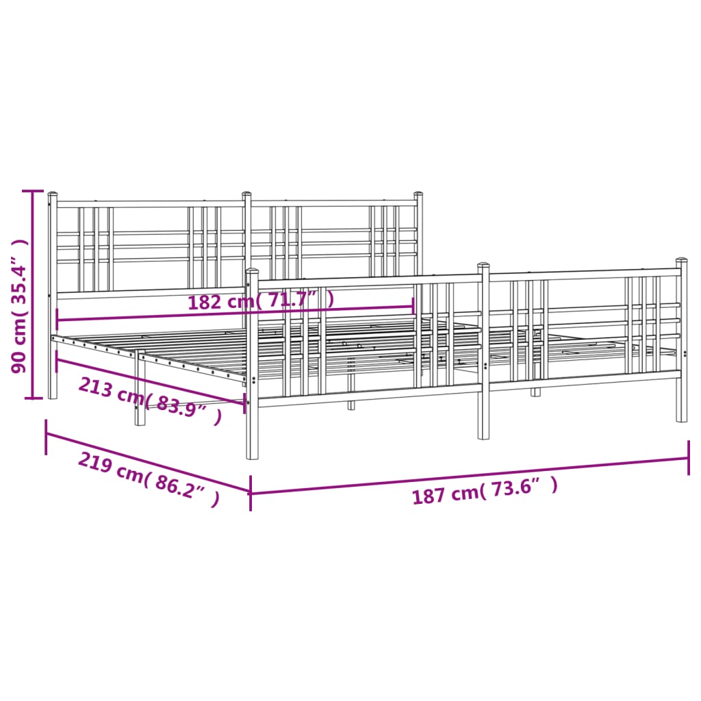 Cadre de lit métal sans matelas avec pied de lit noir 183x213cm - XIOS