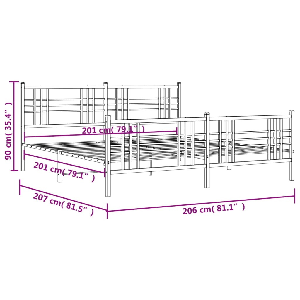 Cadre de lit métal sans matelas avec pied de lit noir 200x200cm - XIOS