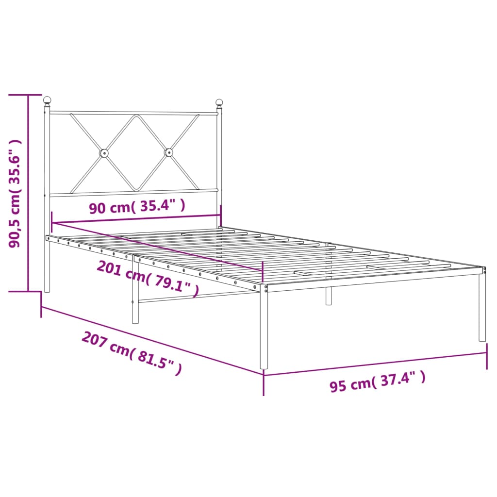 Cadre de lit métal sans matelas avec tête de lit noir 90x200 cm - XIOS