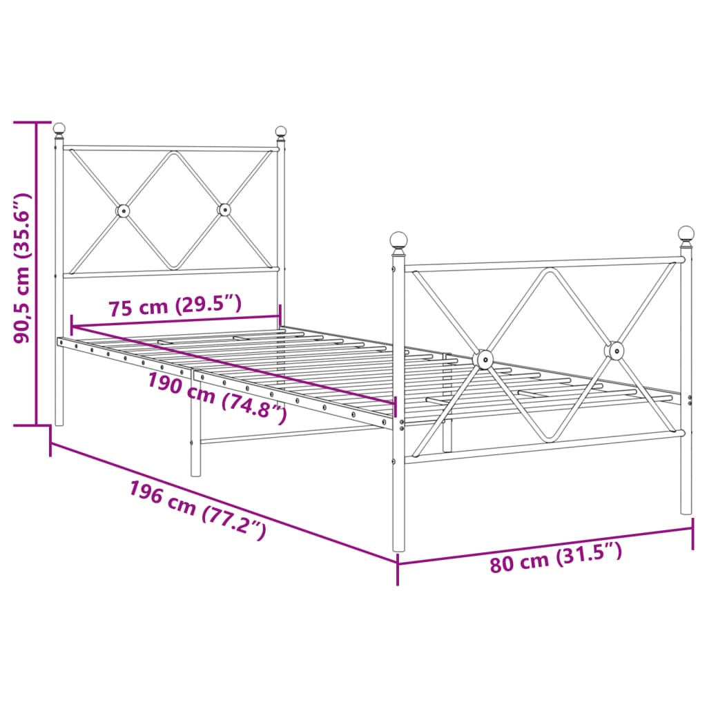 Cadre de lit métal sans matelas avec pied de lit noir 75x190 cm - XIOS