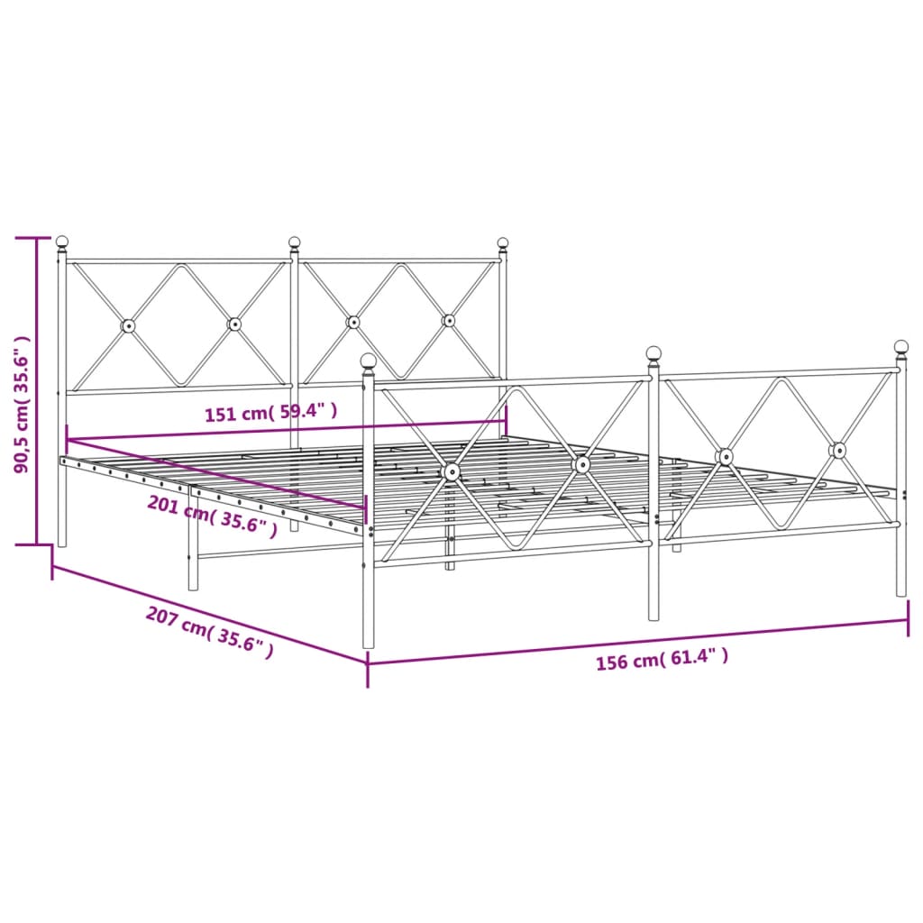 Cadre de lit métal sans matelas avec pied de lit noir 150x200cm - XIOS