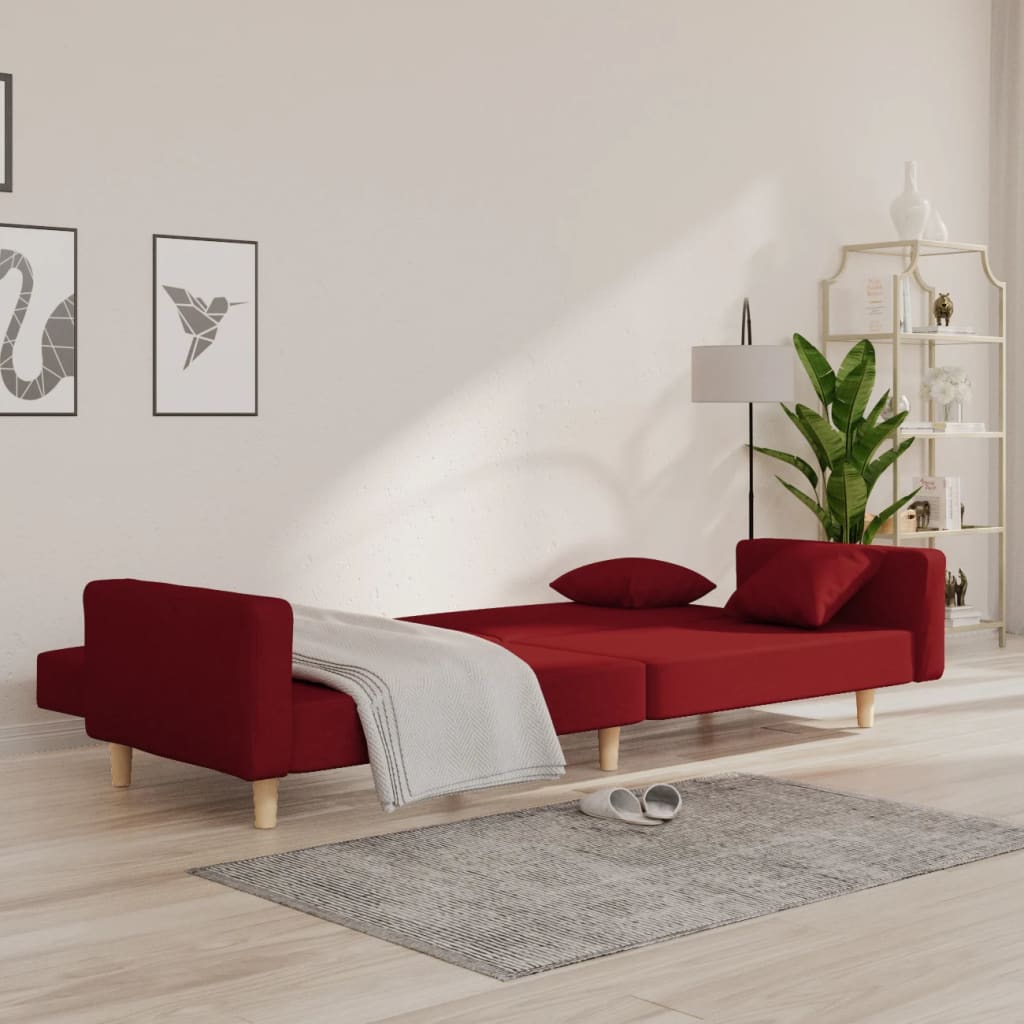 Canapé-lit à 2 places avec deux oreillers rouge bordeaux tissu - XIOS