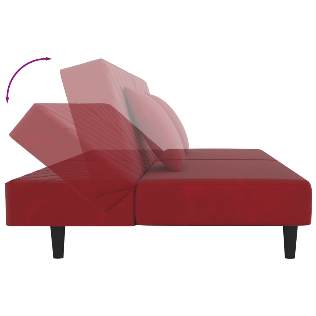 Canapé-lit à 2 places et deux oreillers Rouge bordeaux Velours - XIOS