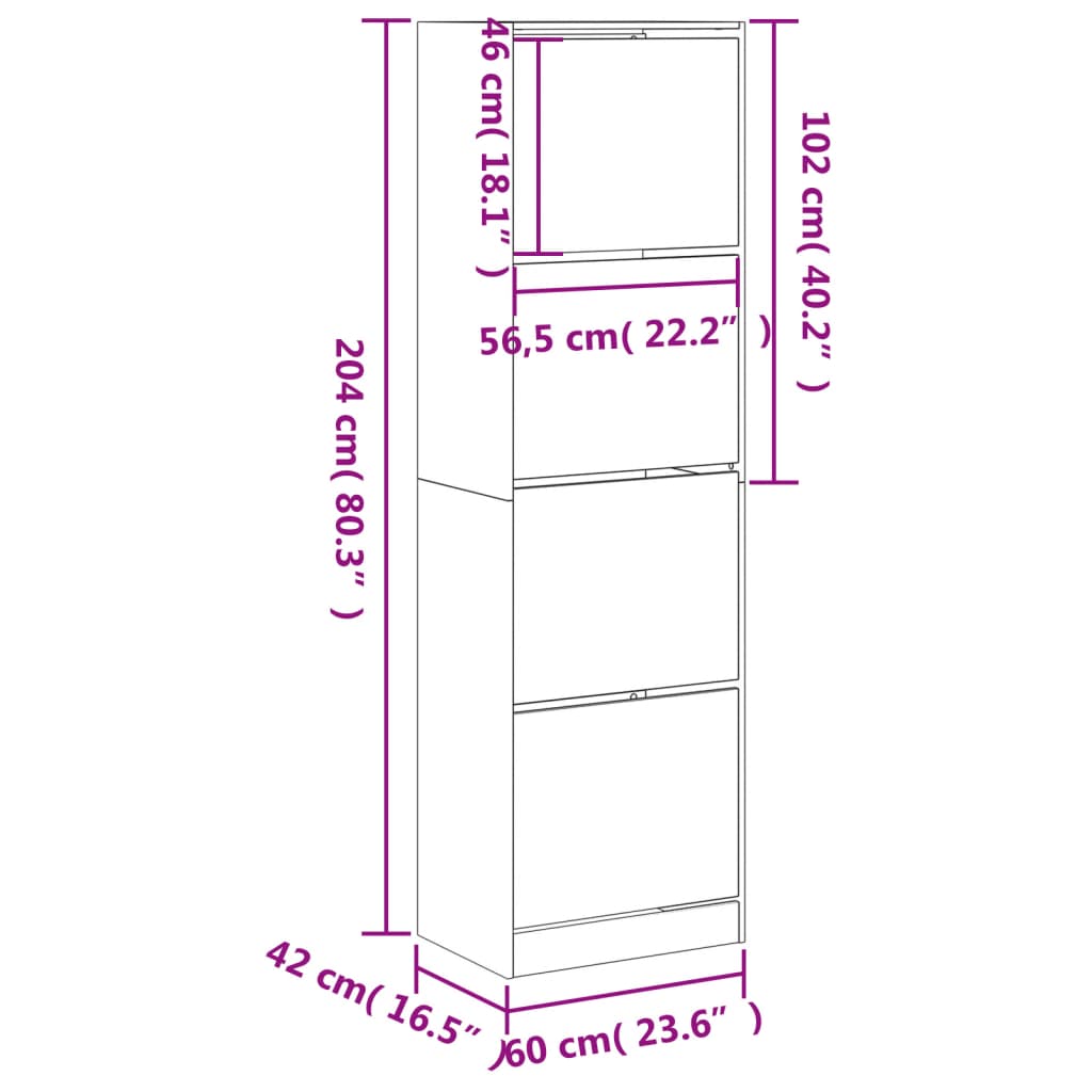 Armoire à chaussures 4 tiroirs rabattables chêne 60x42x204 cm - XIOS