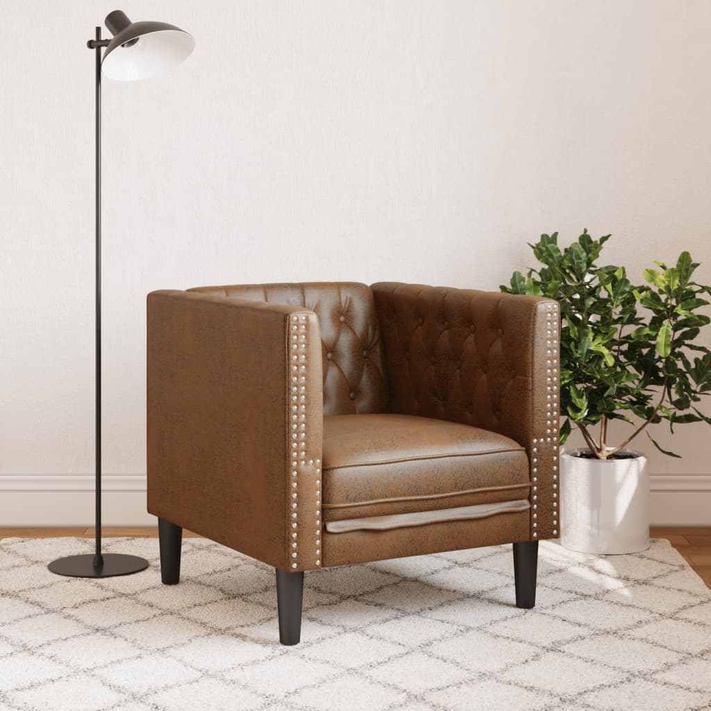 Fauteuil Chesterfield marron similicuir daim