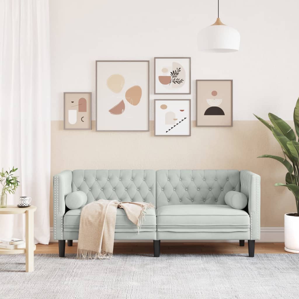Canapé Chesterfield avec traversins 2 places gris clair velours - XIOS