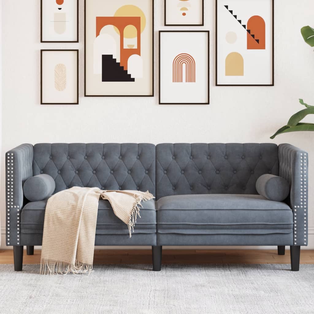 Canapé Chesterfield avec traversins 2 places gris foncé velours - XIOS