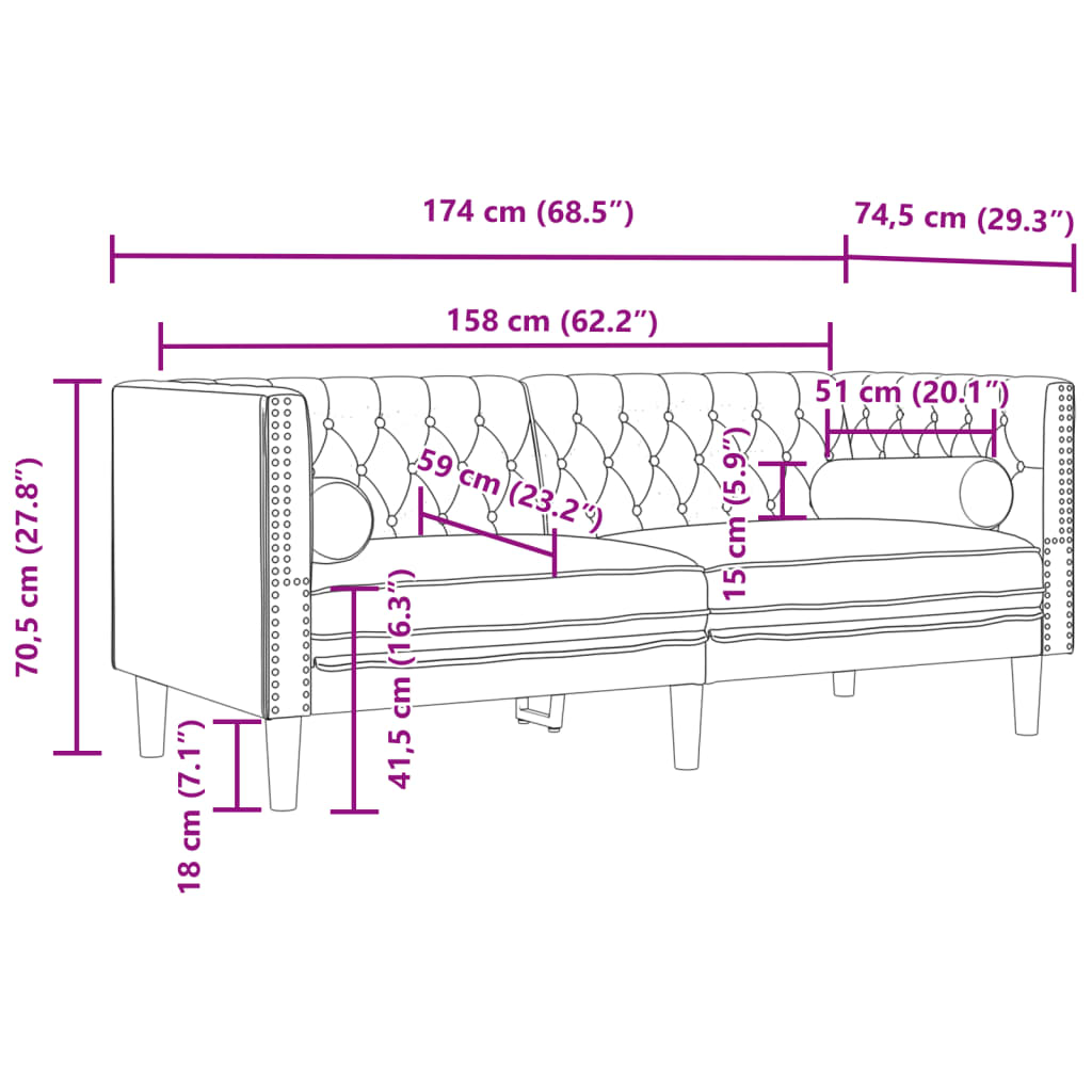 Canapé Chesterfield avec traversins 2 places rose velours - XIOS