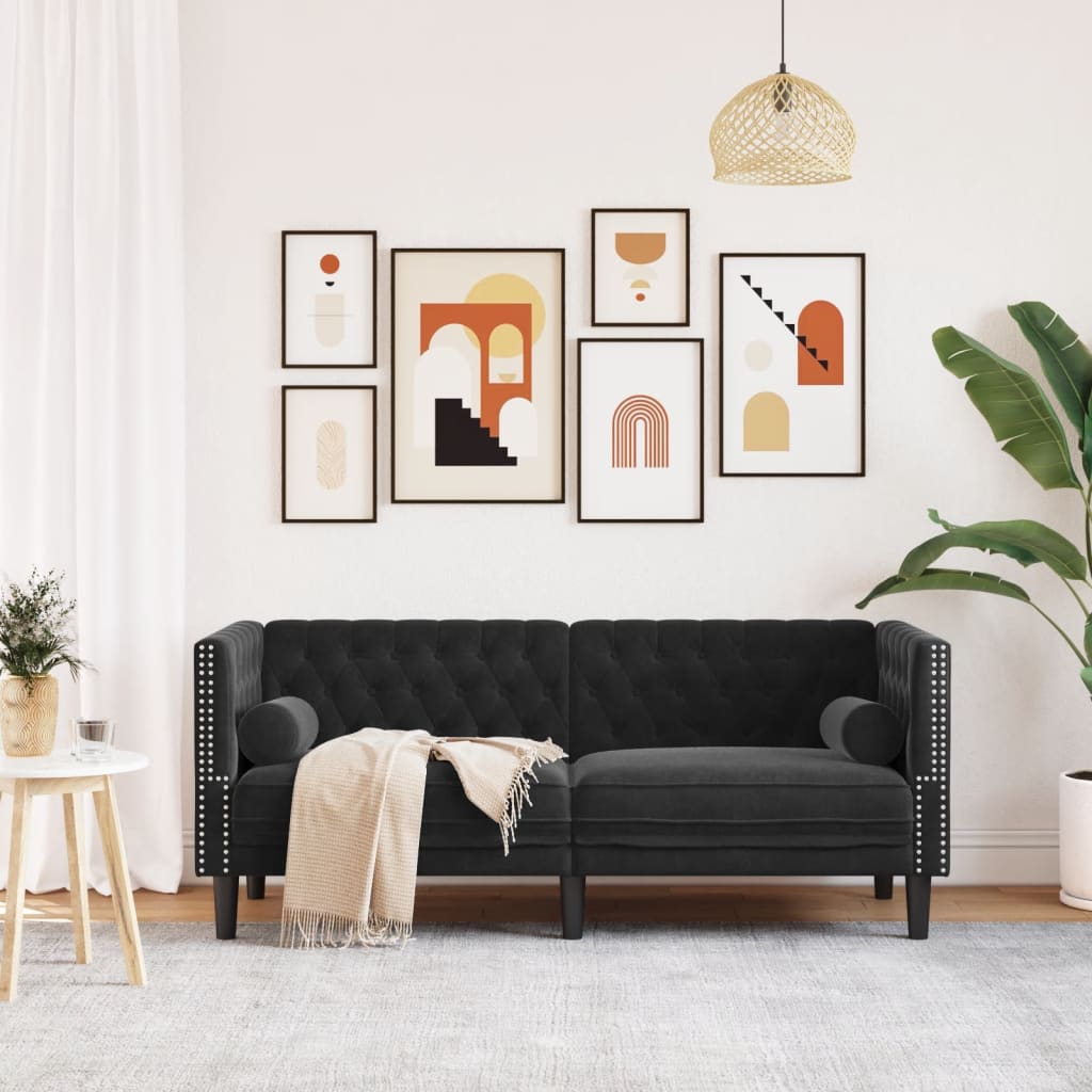 Canapé Chesterfield avec traversins 2 places noir velours - XIOS