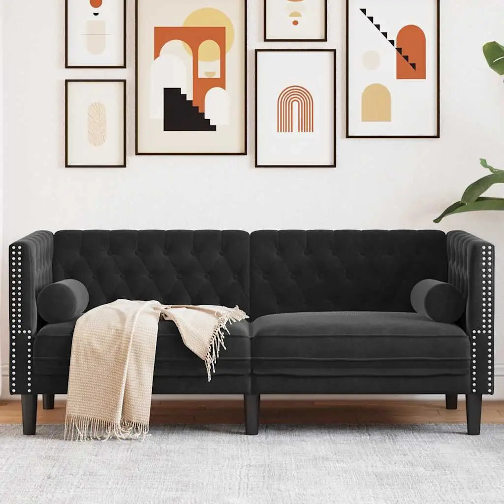 Canapé Chesterfield avec traversins 2 places noir velours - XIOS