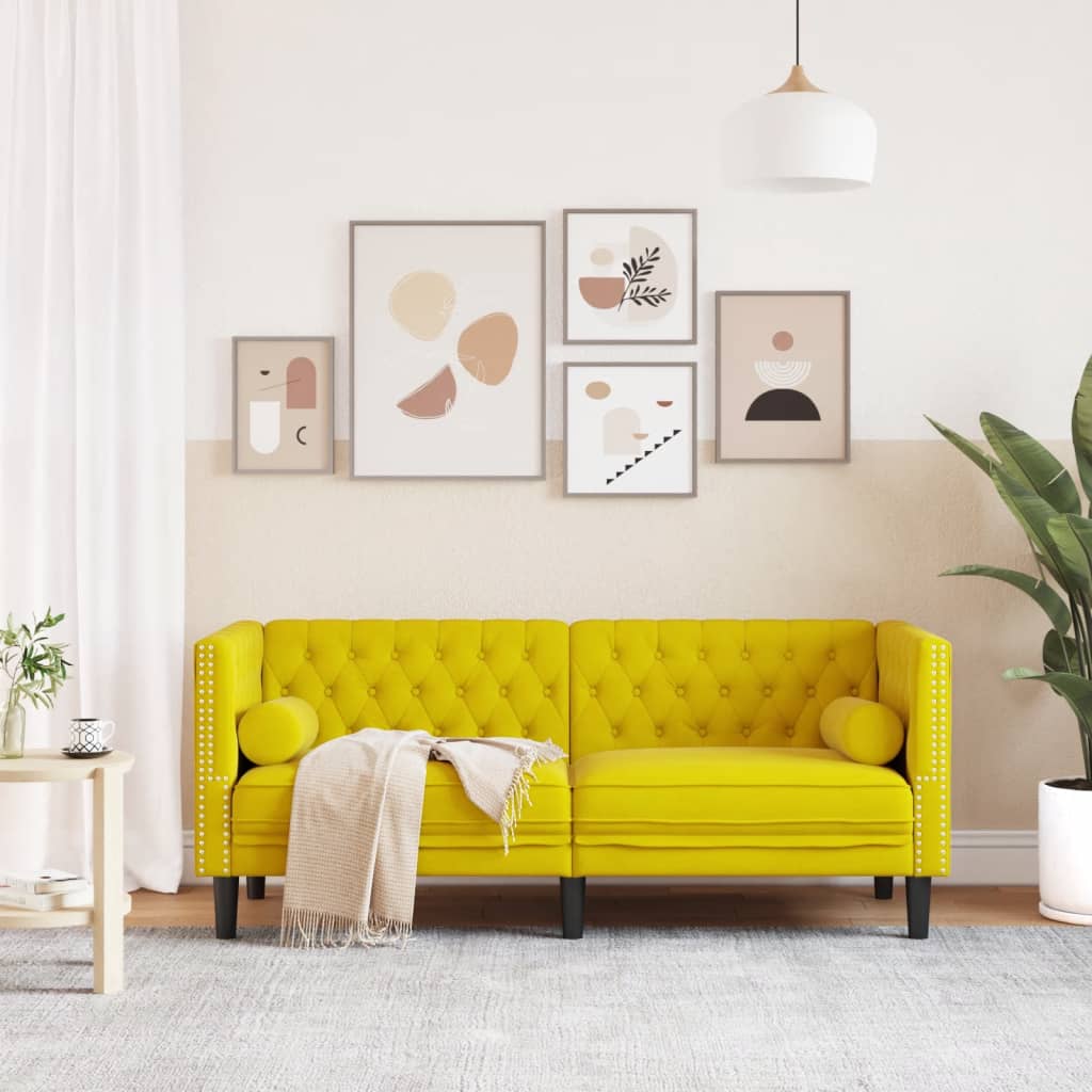 Canapé Chesterfield avec traversins 2 places jaune velours - XIOS