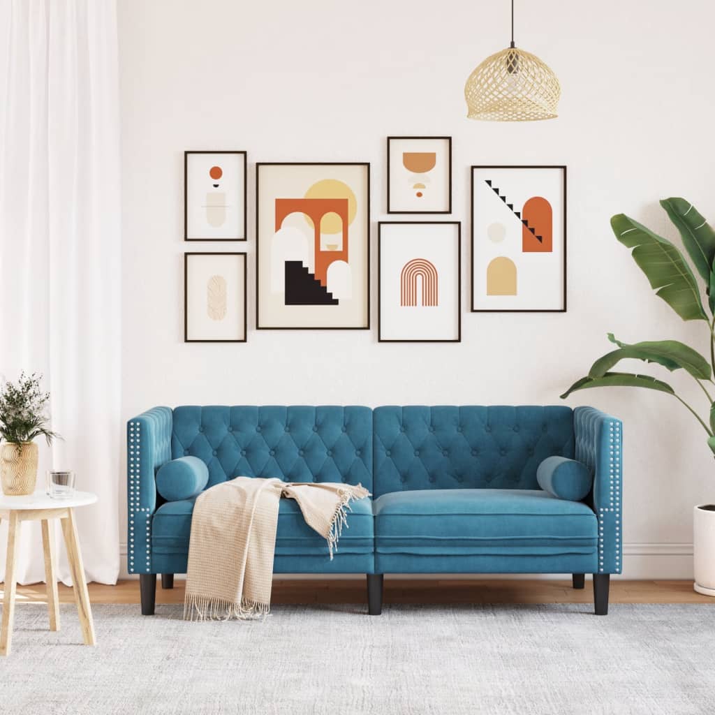 Canapé Chesterfield avec traversins 2 places bleu velours - XIOS