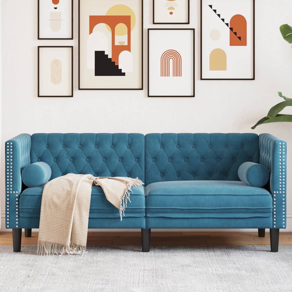 Canapé Chesterfield avec traversins 2 places bleu velours - XIOS