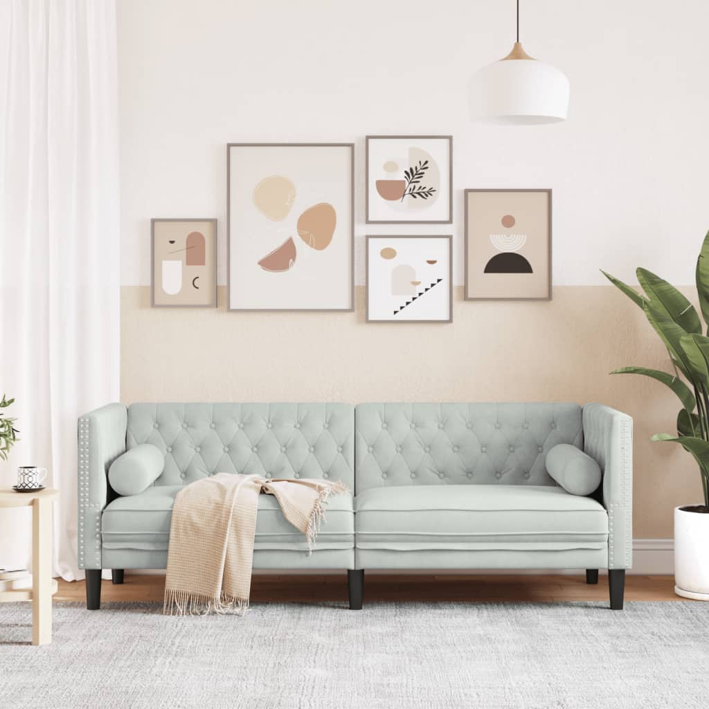 Canapé Chesterfield avec traversins 3 places gris clair velours - XIOS