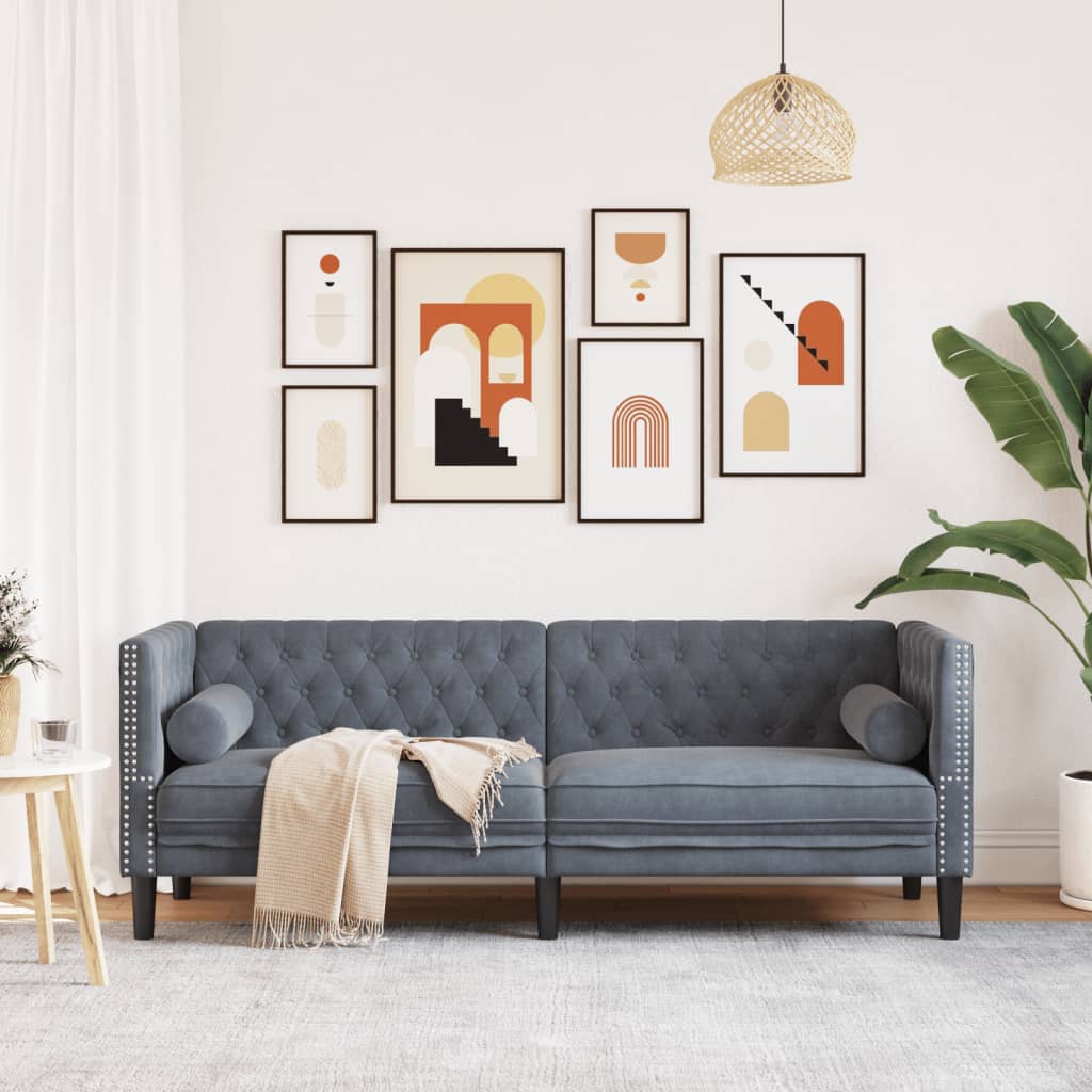 Canapé Chesterfield avec traversins 3 places gris foncé velours - XIOS