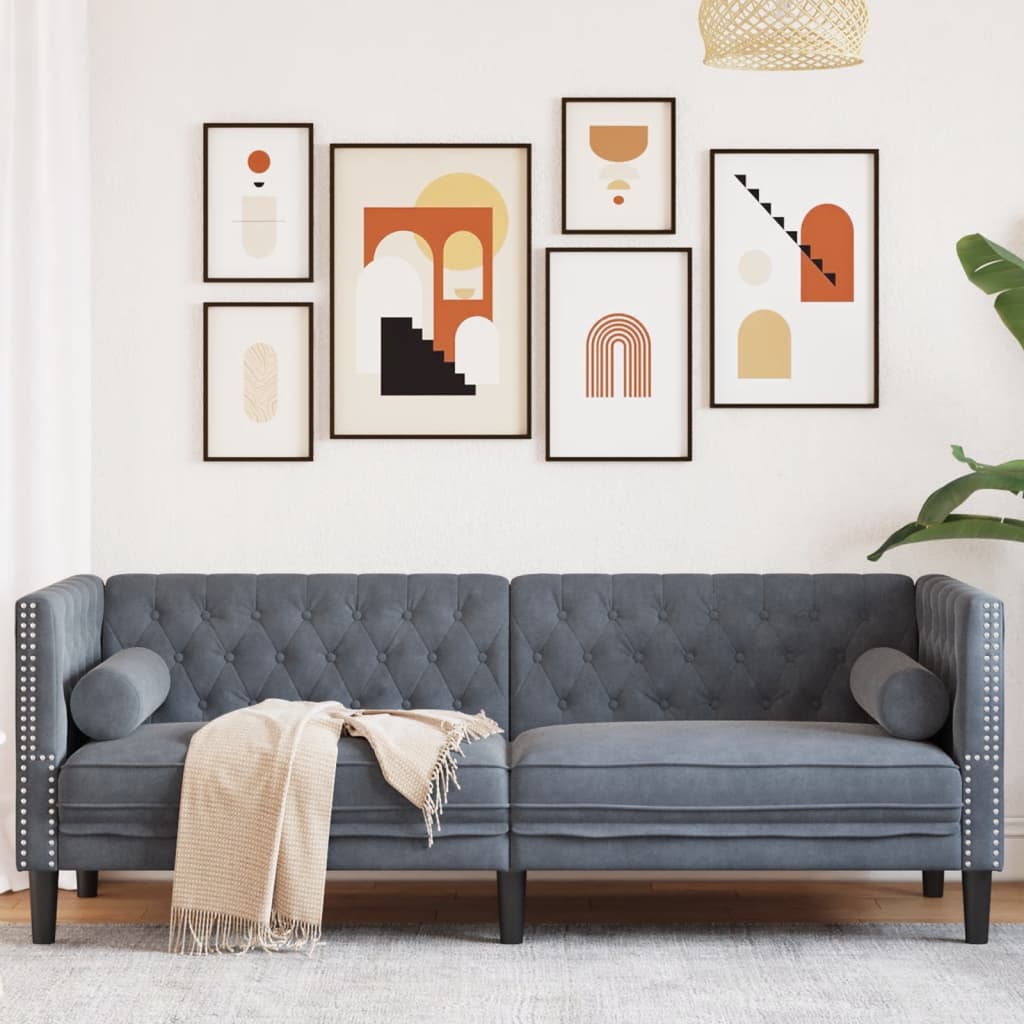 Canapé Chesterfield avec traversins 3 places gris foncé velours - XIOS