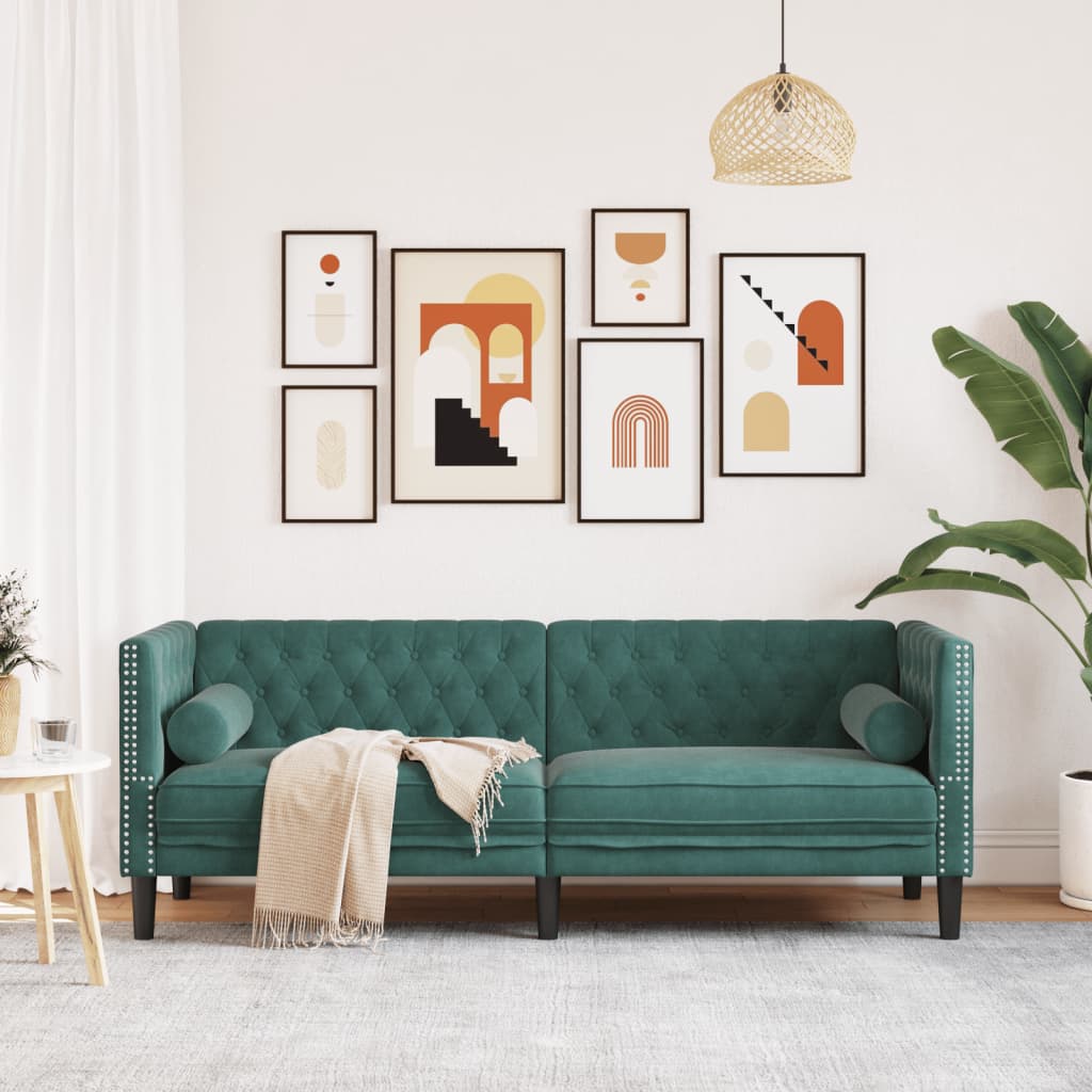 Canapé Chesterfield avec traversins 3 places vert foncé velours - XIOS