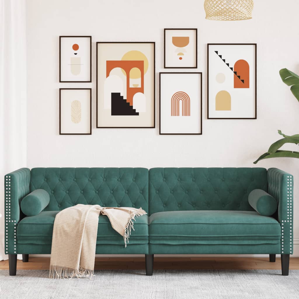 Canapé Chesterfield avec traversins 3 places vert foncé velours - XIOS
