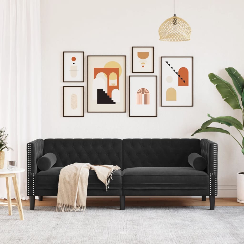 Canapé Chesterfield avec traversins 3 places noir velours - XIOS