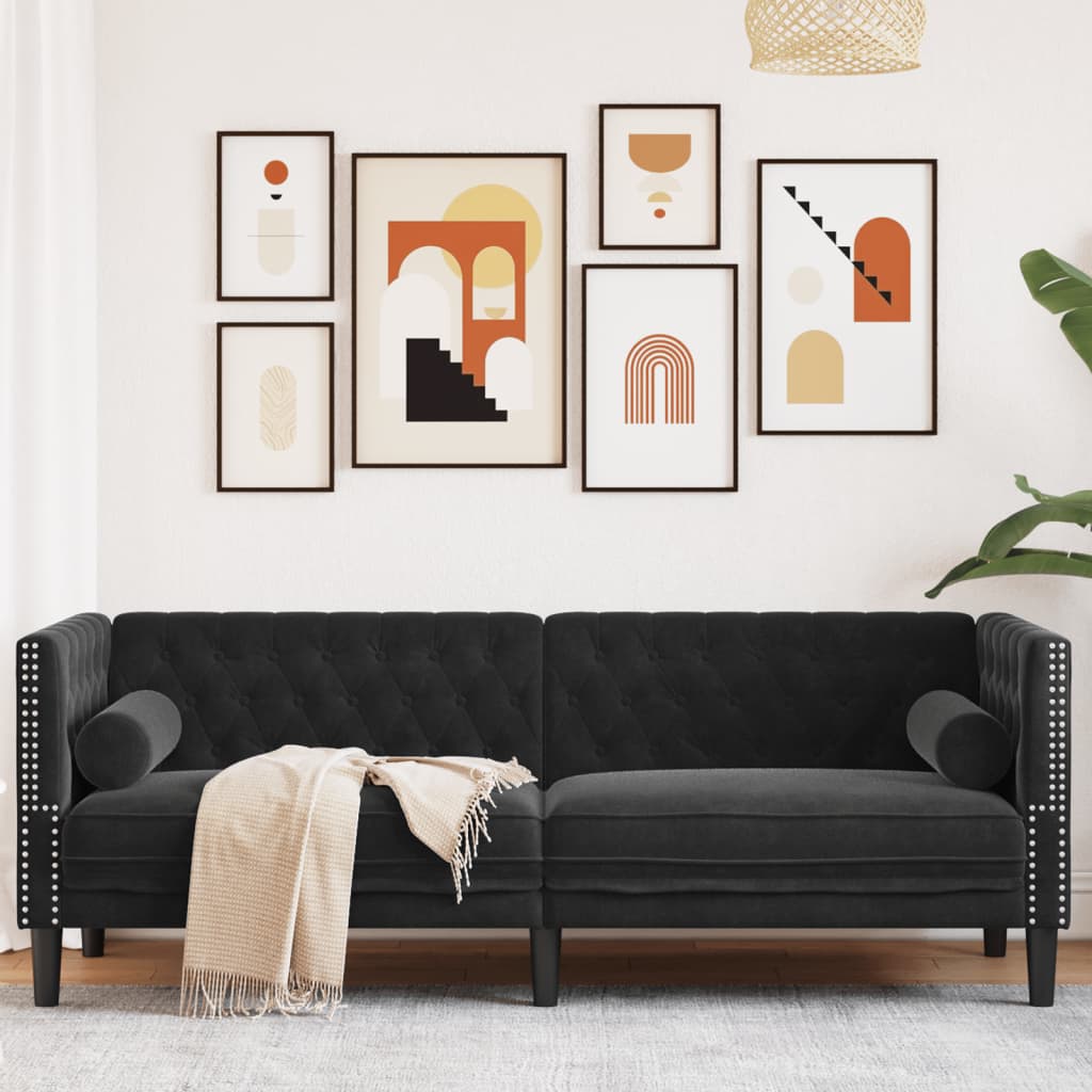 Canapé Chesterfield avec traversins 3 places noir velours - XIOS
