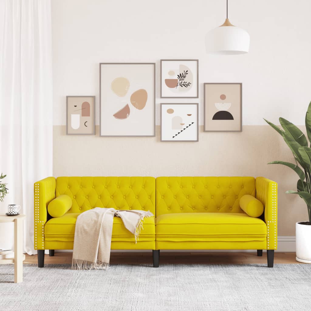 Canapé Chesterfield avec traversins 3 places jaune velours - XIOS