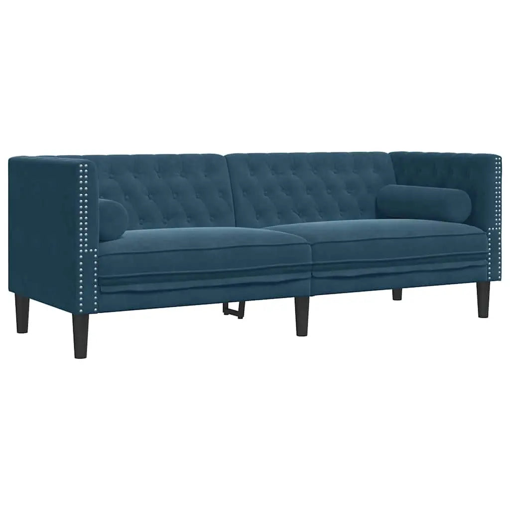 Canapé Chesterfield avec traversins 3 places bleu velours - XIOS