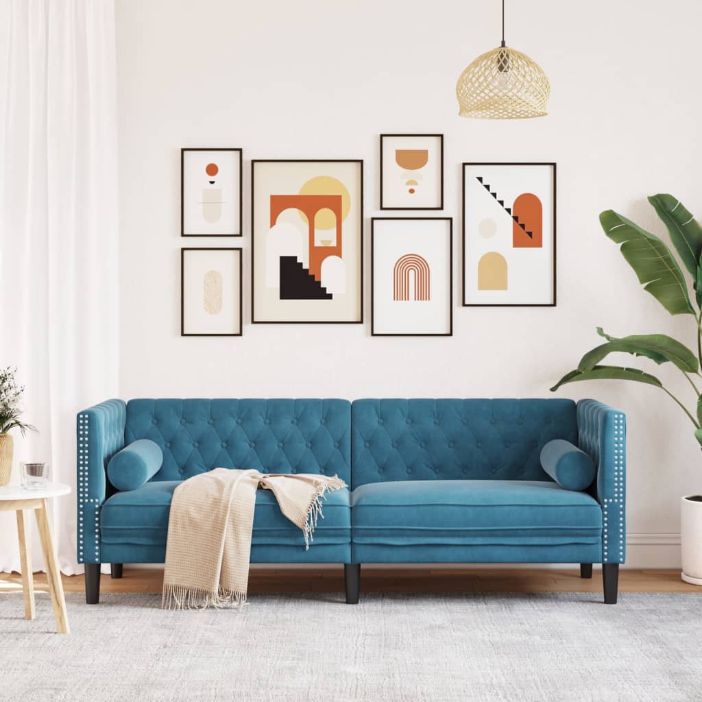 Canapé Chesterfield avec traversins 3 places bleu velours - XIOS