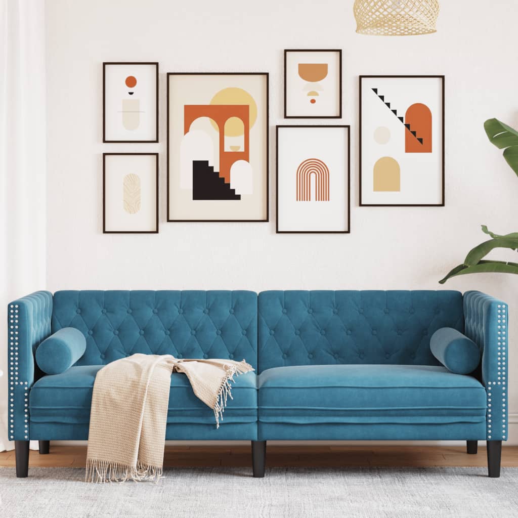 Canapé Chesterfield avec traversins 3 places bleu velours