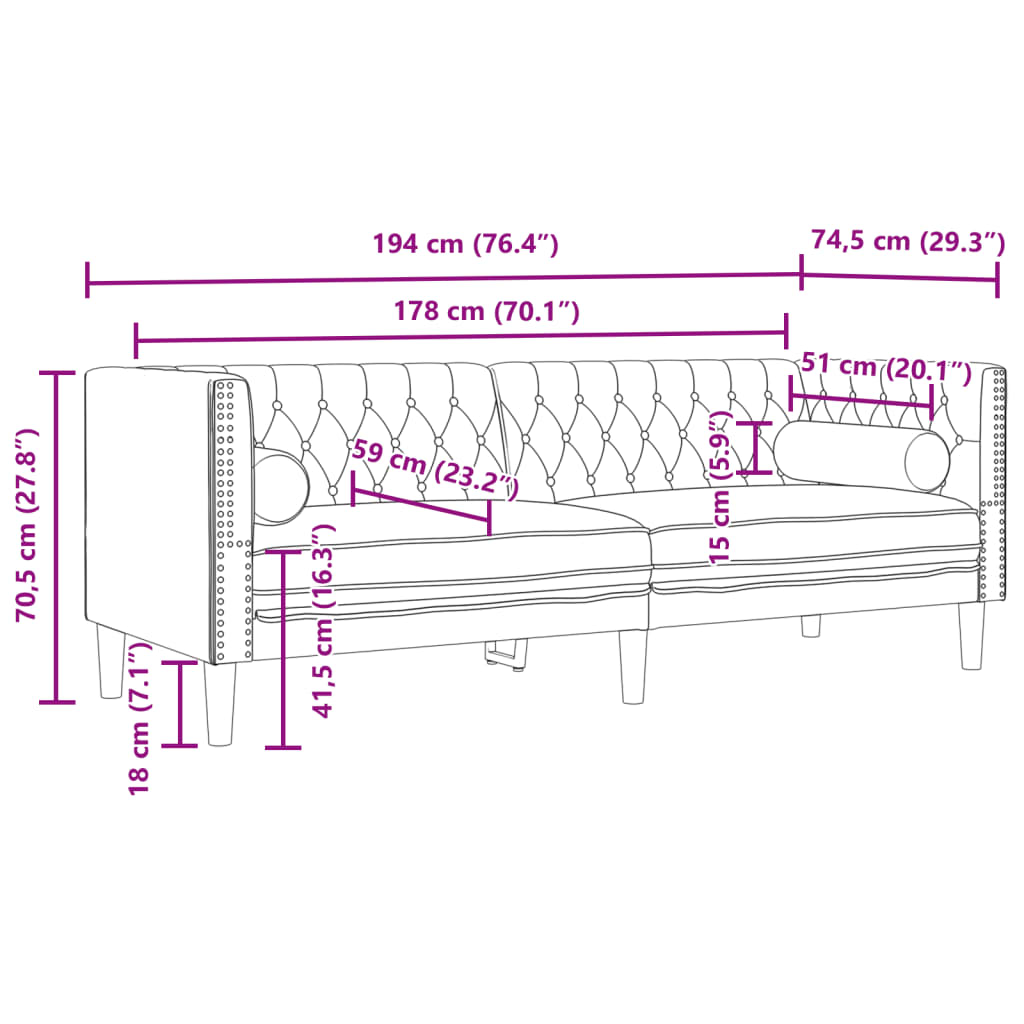 Canapé Chesterfield avec traversins 3 places similicuir daim - XIOS