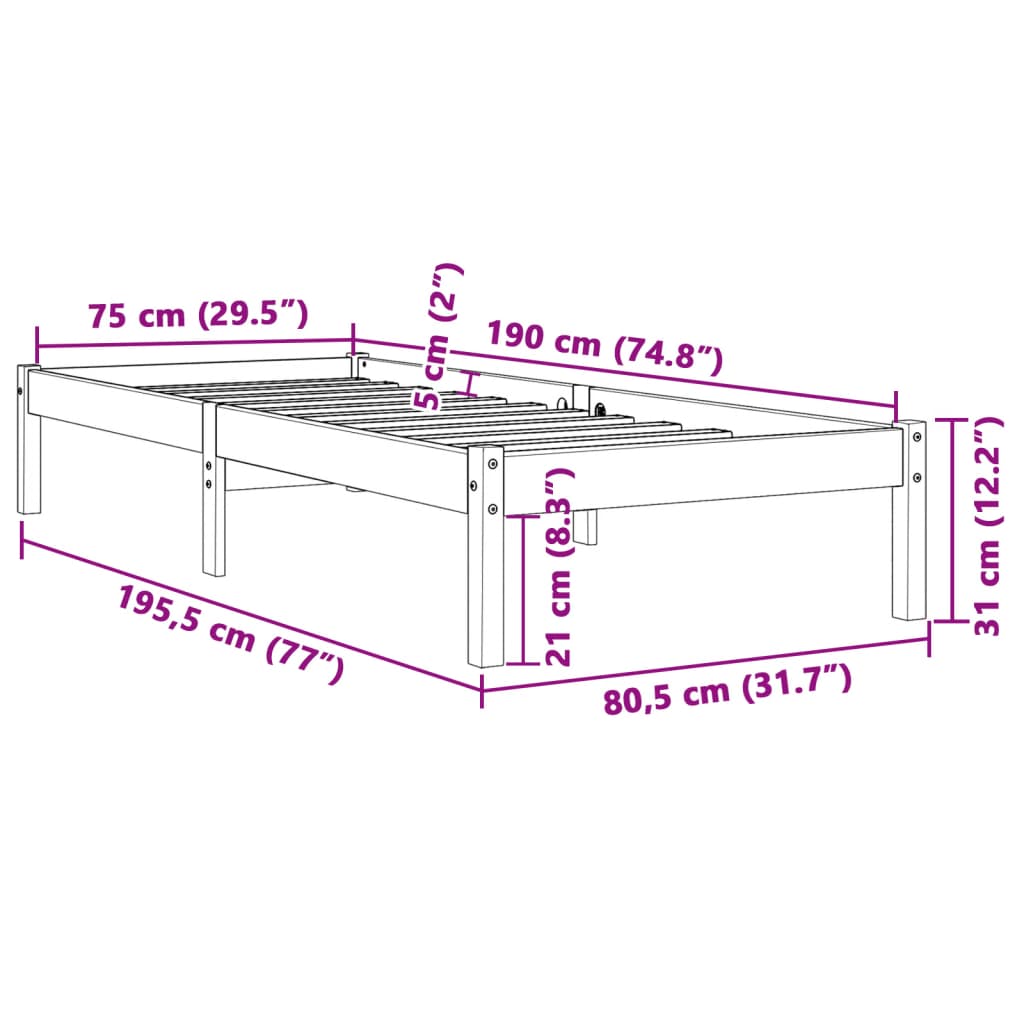 Cadre de lit sans matelas cire marron 75x190 cm bois pin massif - XIOS