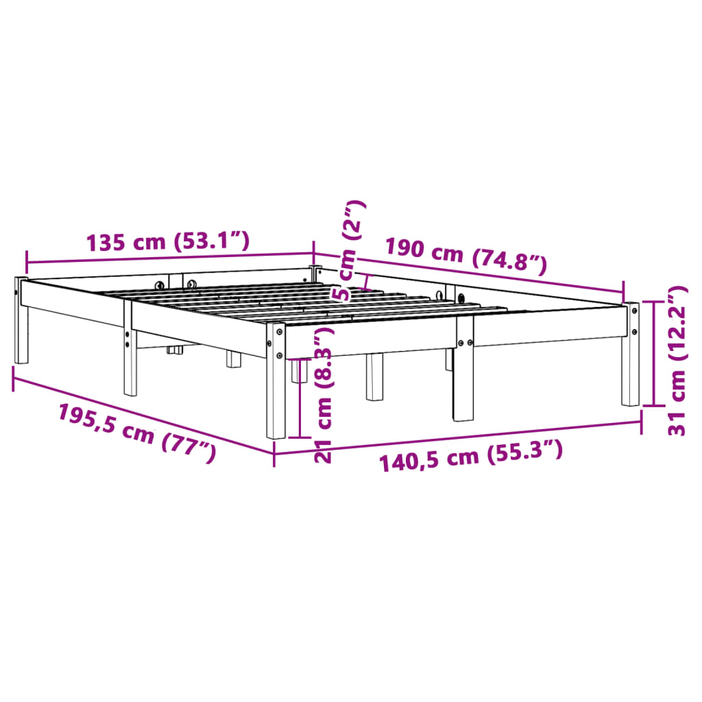 Cadre de lit sans matelas cire marron 135x190cm bois pin massif - XIOS
