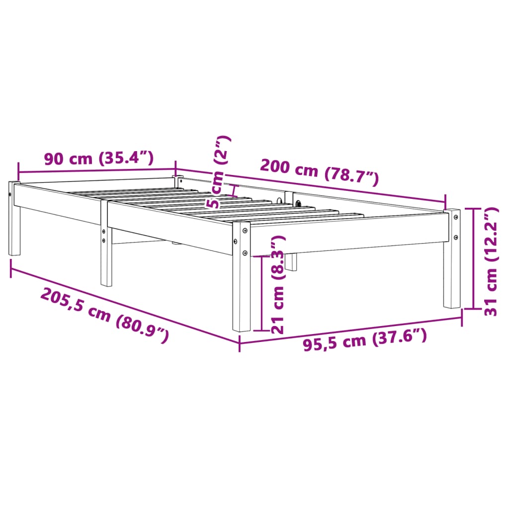 Cadre de lit sans matelas cire marron 90x200 cm bois pin massif - XIOS
