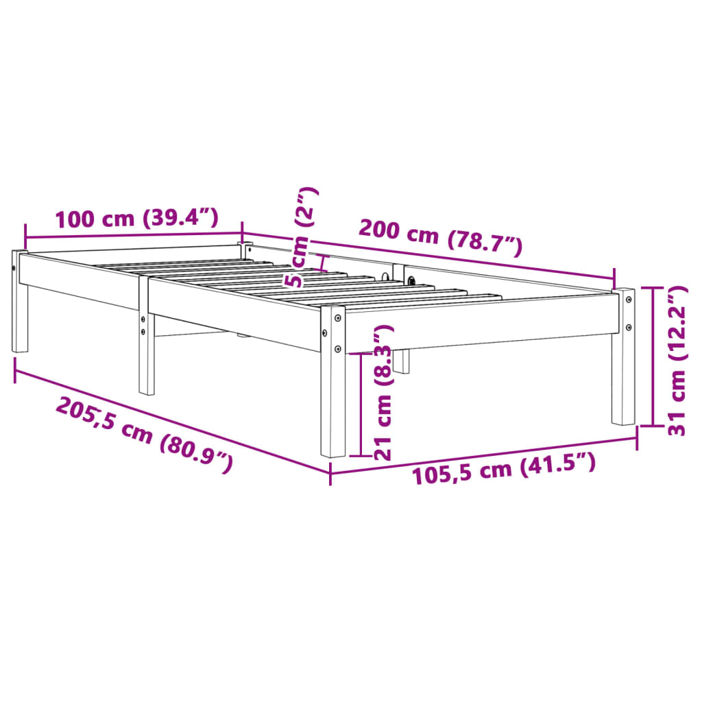Cadre de lit sans matelas cire marron 100x200cm bois pin massif - XIOS
