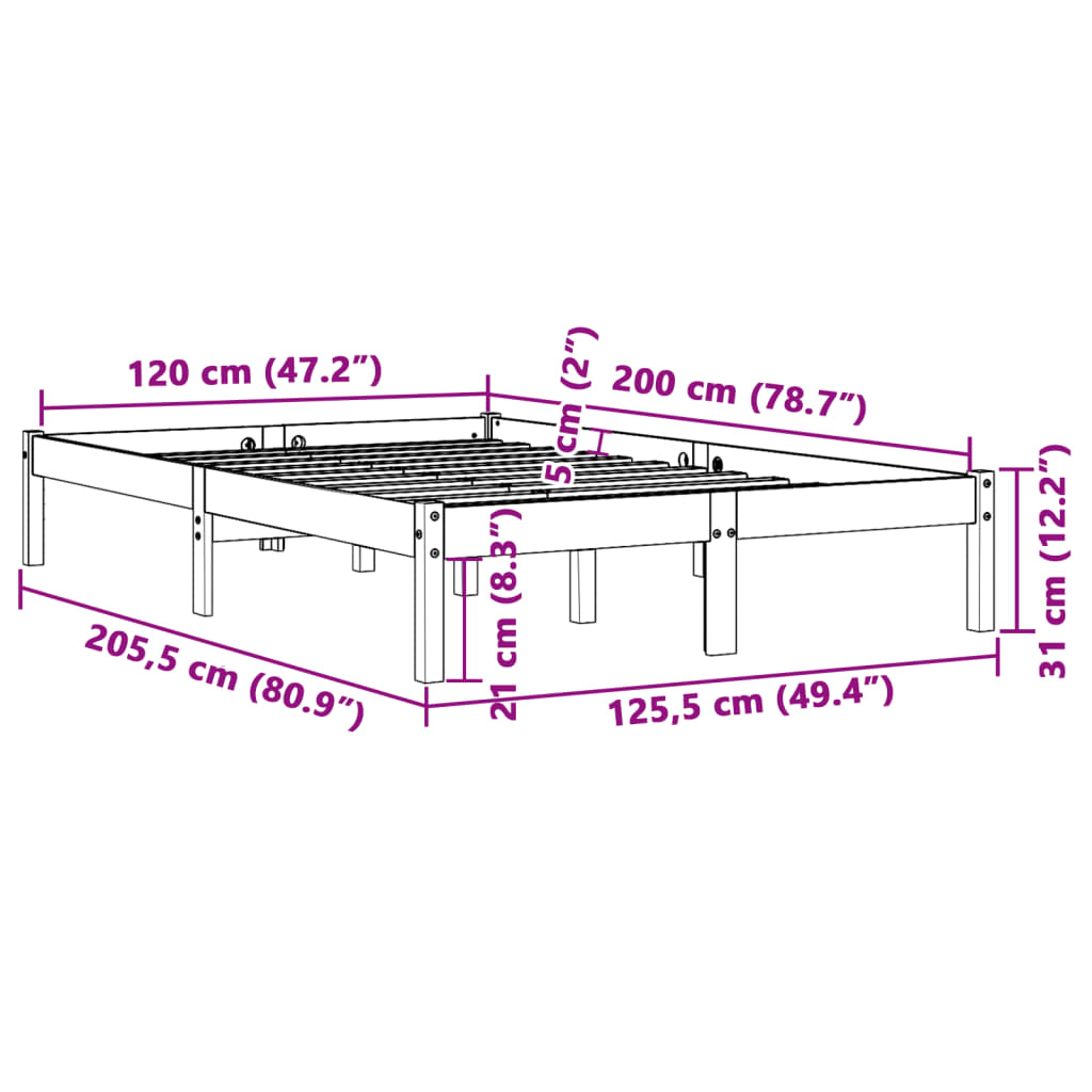 Cadre de lit sans matelas cire marron 120x200cm bois pin massif - XIOS