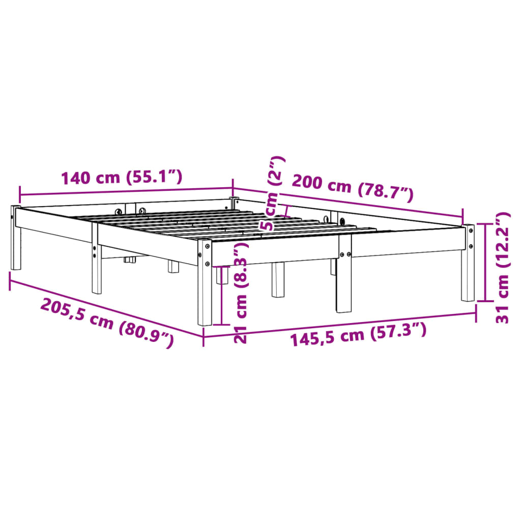 Cadre de lit sans matelas cire marron 140x200cm bois pin massif - XIOS