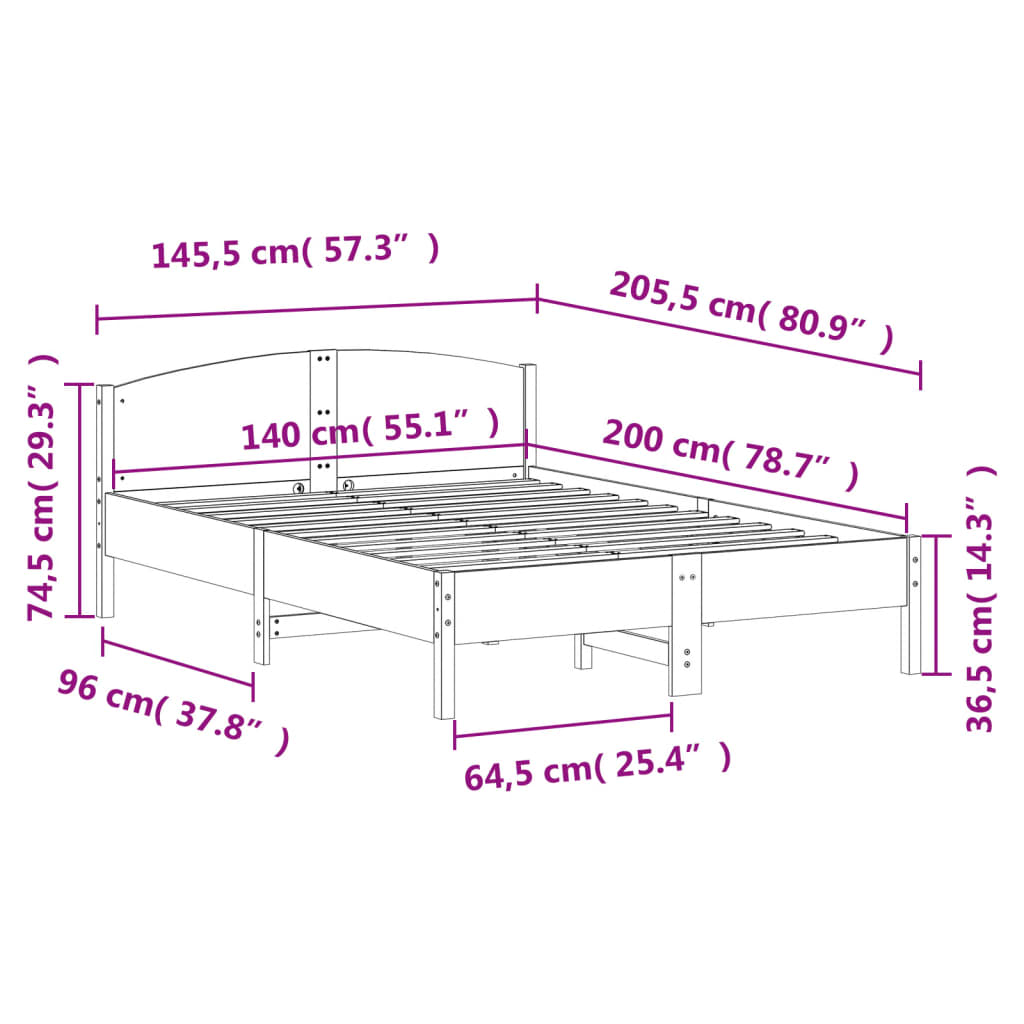 Cadre de lit sans matelas cire marron 140x200cm bois pin massif - XIOS