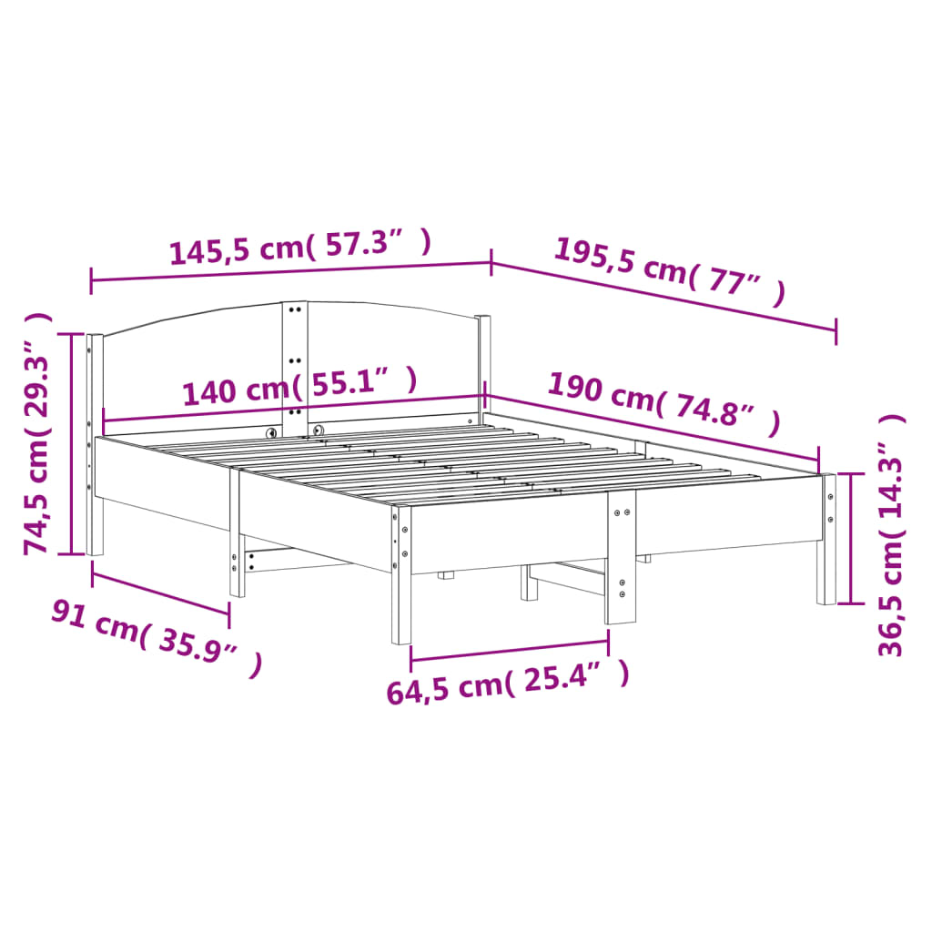 Cadre de lit sans matelas blanc 140x190 cm bois de pin massif - XIOS