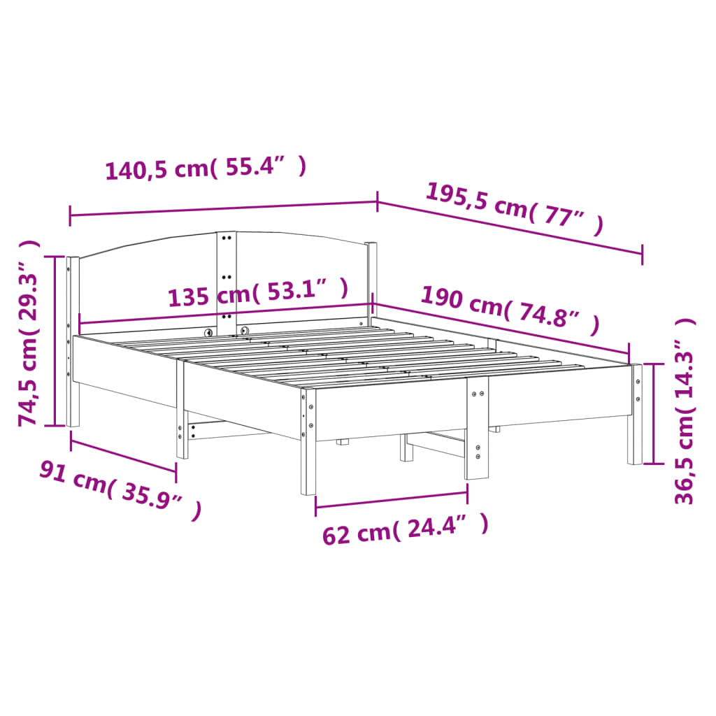 Cadre de lit sans matelas 135x190 cm bois de pin massif - XIOS
