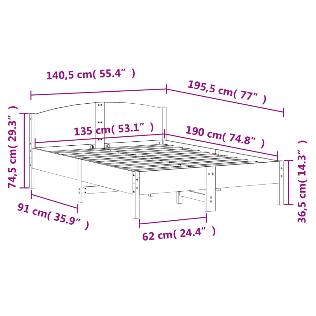 Cadre de lit sans matelas cire marron 135x190cm bois pin massif - XIOS
