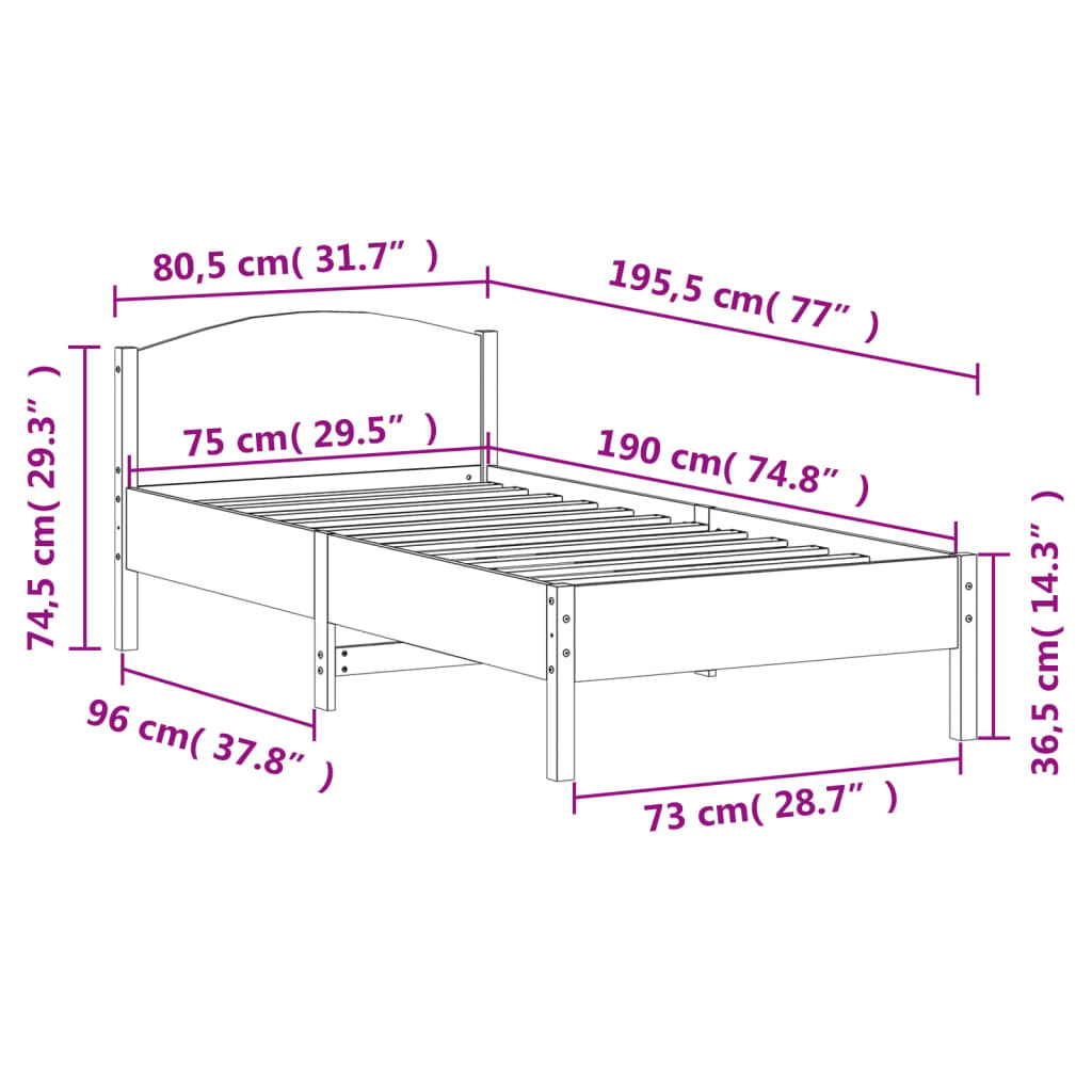 Cadre de lit sans matelas 75x190 cm bois de pin massif - XIOS