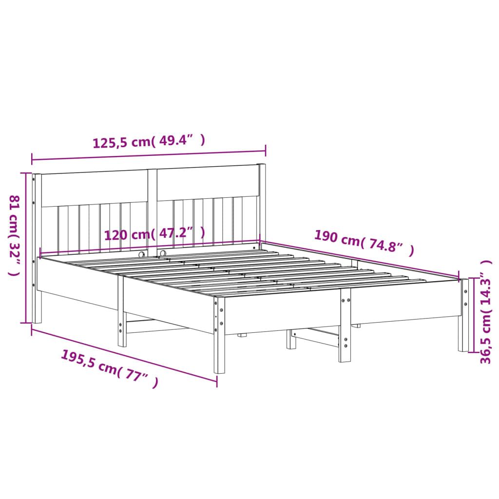 Cadre de lit sans matelas cire marron 120x190cm bois pin massif - XIOS