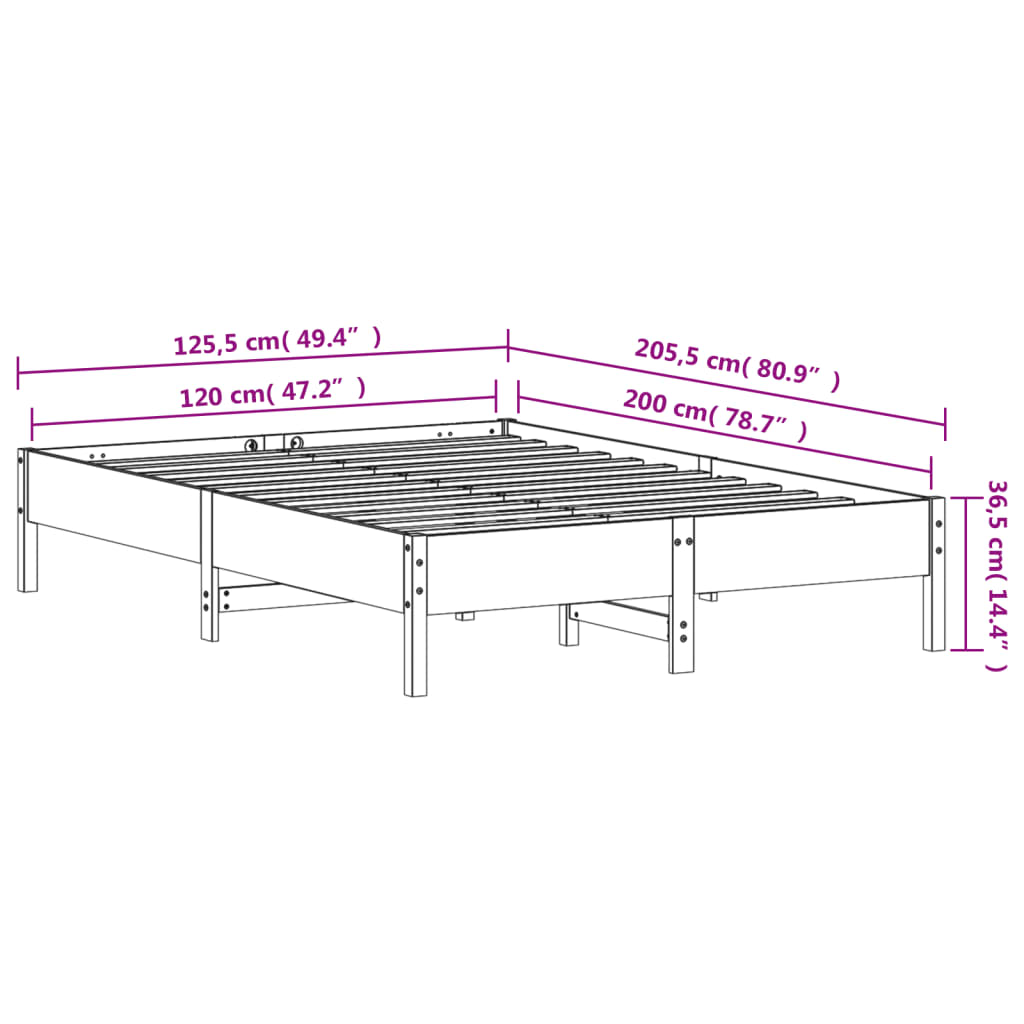 Cadre de lit sans matelas cire marron 120x200cm bois pin massif - XIOS