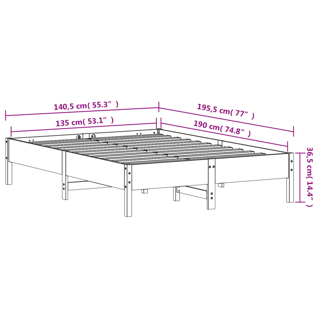 Cadre de lit sans matelas cire marron 135x190cm bois pin massif - XIOS