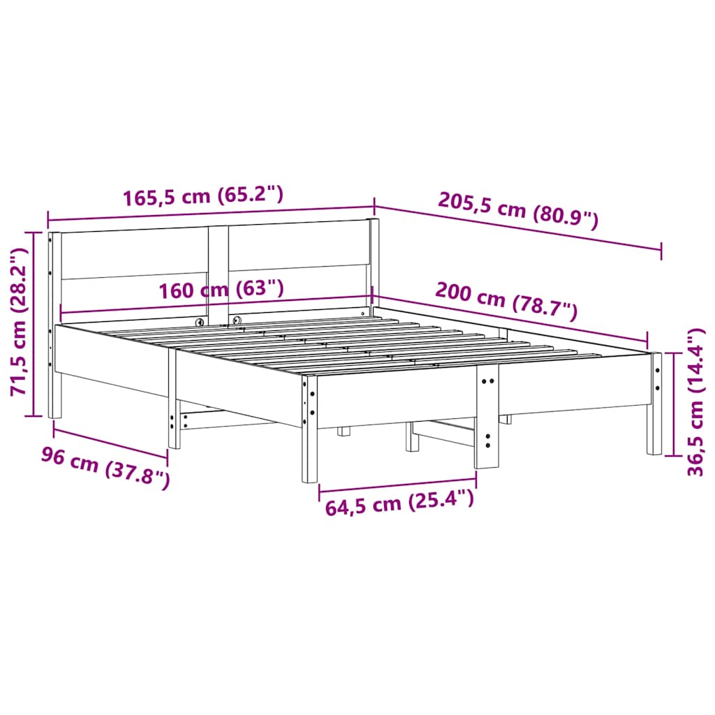 Cadre de lit sans matelas cire marron 160x200cm bois pin massif - XIOS