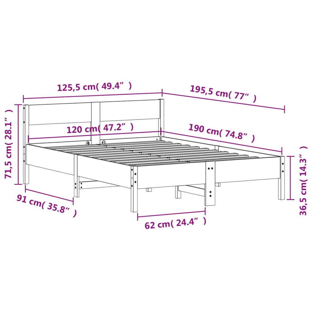Cadre de lit sans matelas cire marron 120x190cm bois pin massif - XIOS