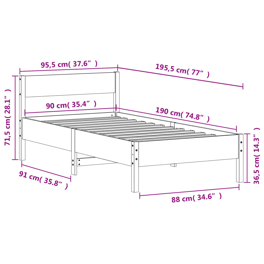 Cadre de lit sans matelas cire marron 90x190 cm bois pin massif - XIOS