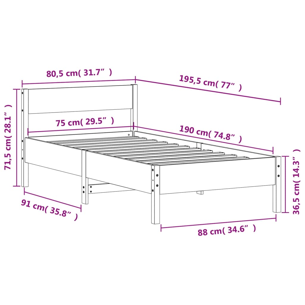Cadre de lit sans matelas 75x190 cm bois de pin massif - XIOS